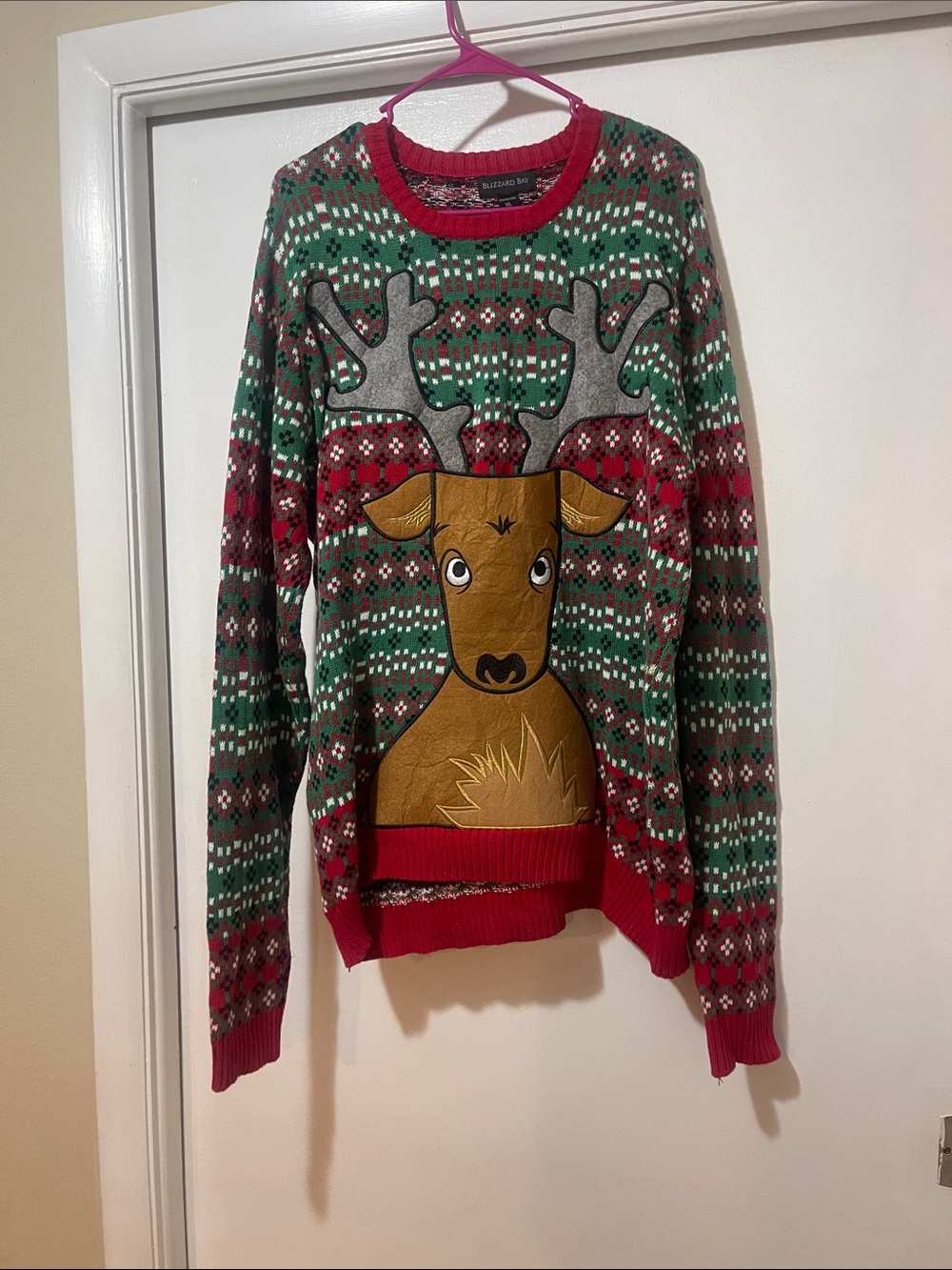 Festive Reindeer Christmas Sweater - Red & Green blizzard Bay size extra large